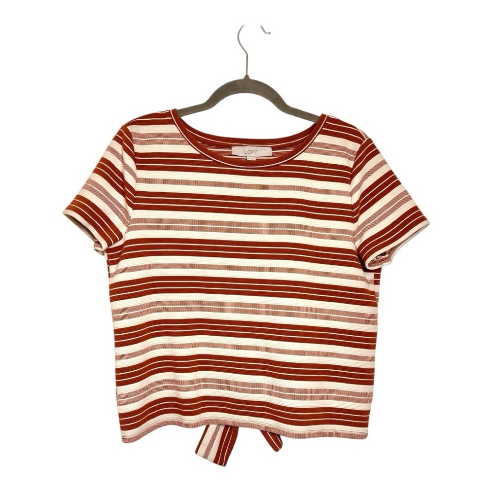 LOFT Brown Cream Striped Tie Back Cropped Tee Top Medium